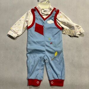 Vintage Mayfair Baby Romper Blue Overall With Embroidered Kites Size NB